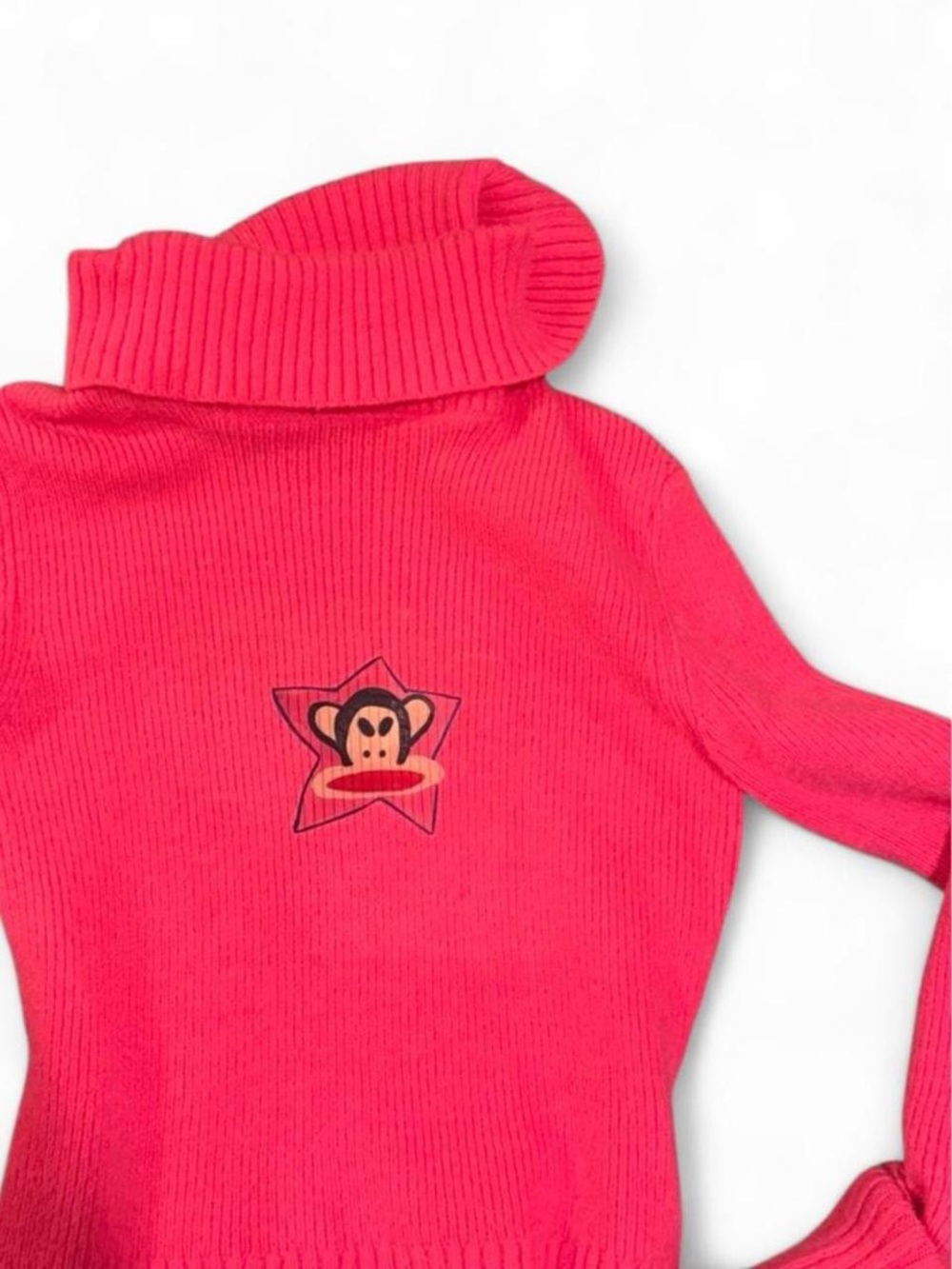 Upcycled Pink Stretchy Turtleneck Sweater with Hand Drawn Vinyl Iron On Patch